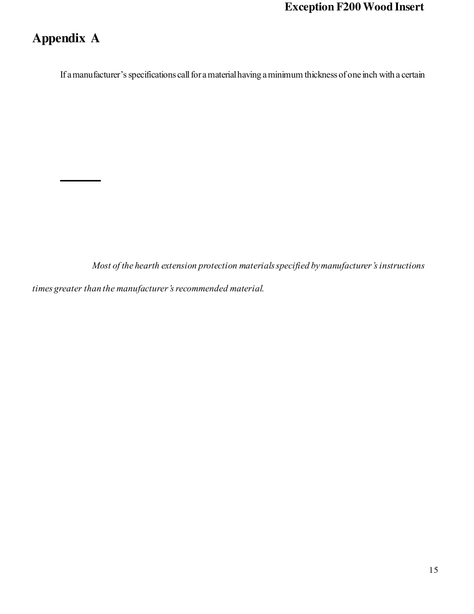 Appendix a, Exception f200 wood insert | Harman Stove Company R7R1 Exception Wood Fireplace User Manual | Page 15 / 16