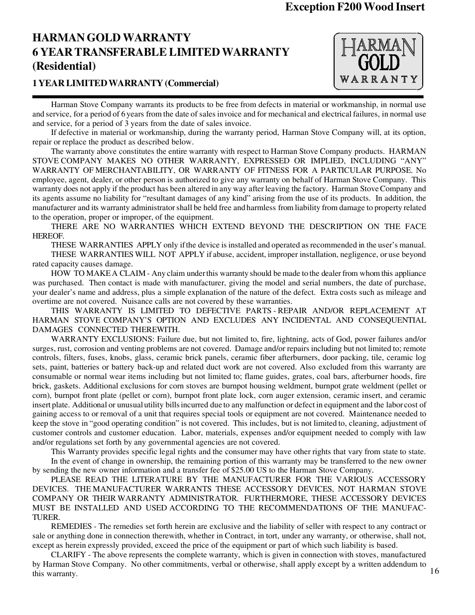 Exception f200 wood insert | Harman Stove Company R7R1 Exception Wood Fireplace User Manual | Page 16 / 16