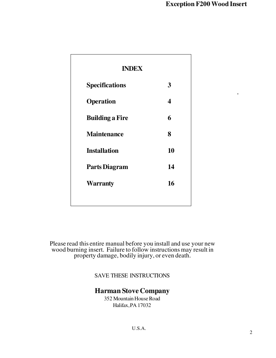 Harman Stove Company R7R1 Exception Wood Fireplace User Manual | Page 2 / 16