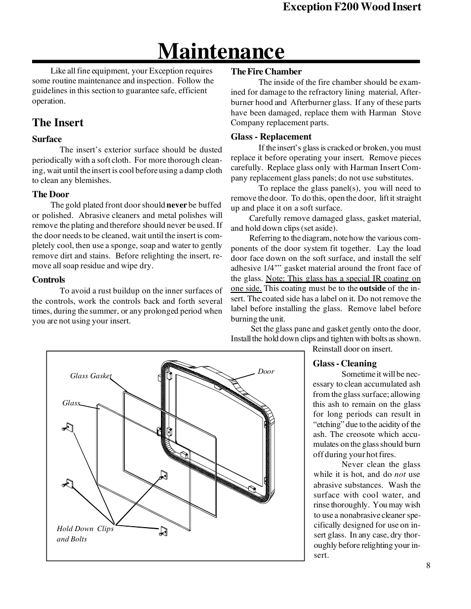Maintenance, Exception f200 wood insert, The insert | Harman Stove Company R7R1 Exception Wood Fireplace User Manual | Page 8 / 16