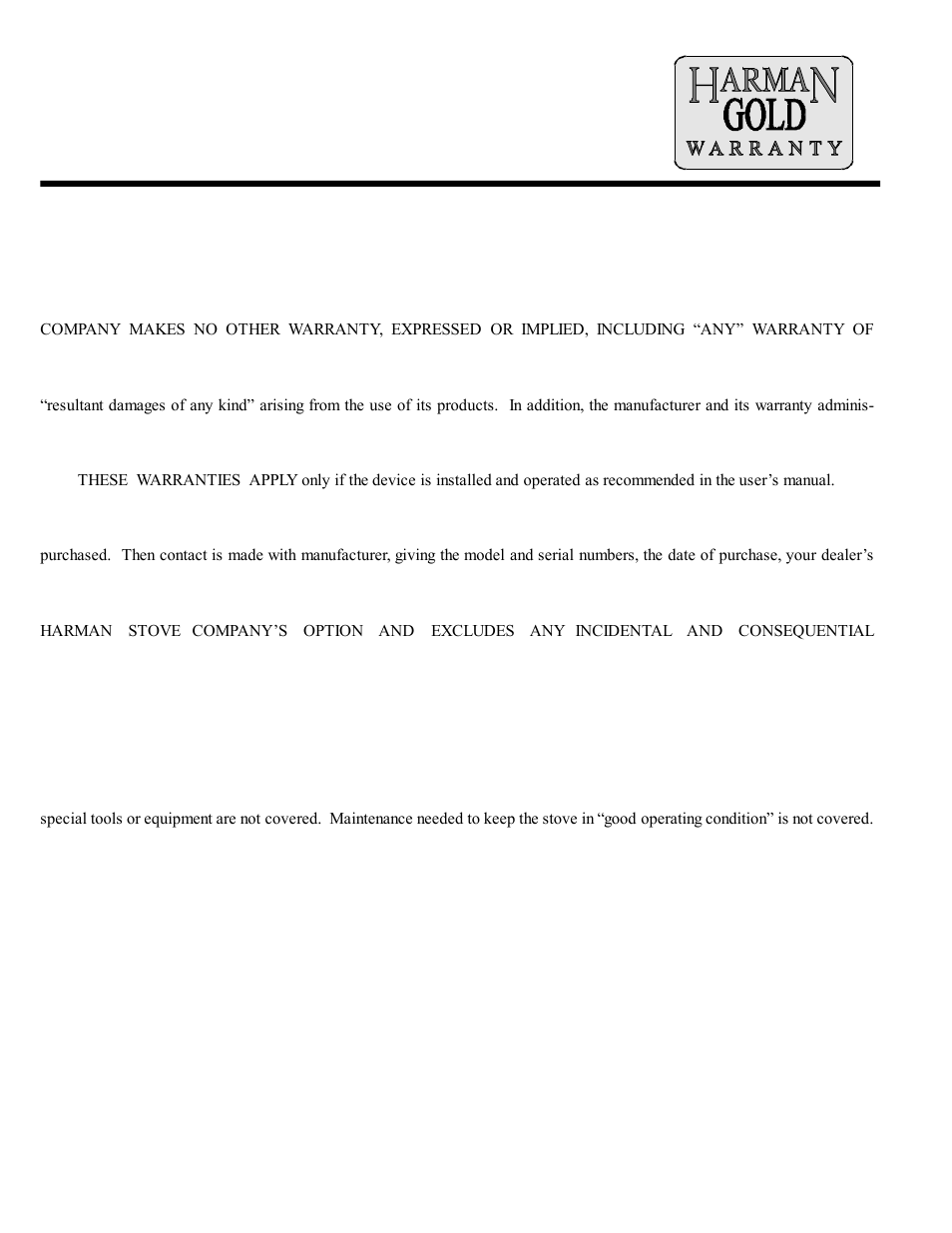 Harman gold warranty, 6 year transferable limited warranty (residential), For corn stove) | Harman Stove Company 828i User Manual | Page 23 / 23
