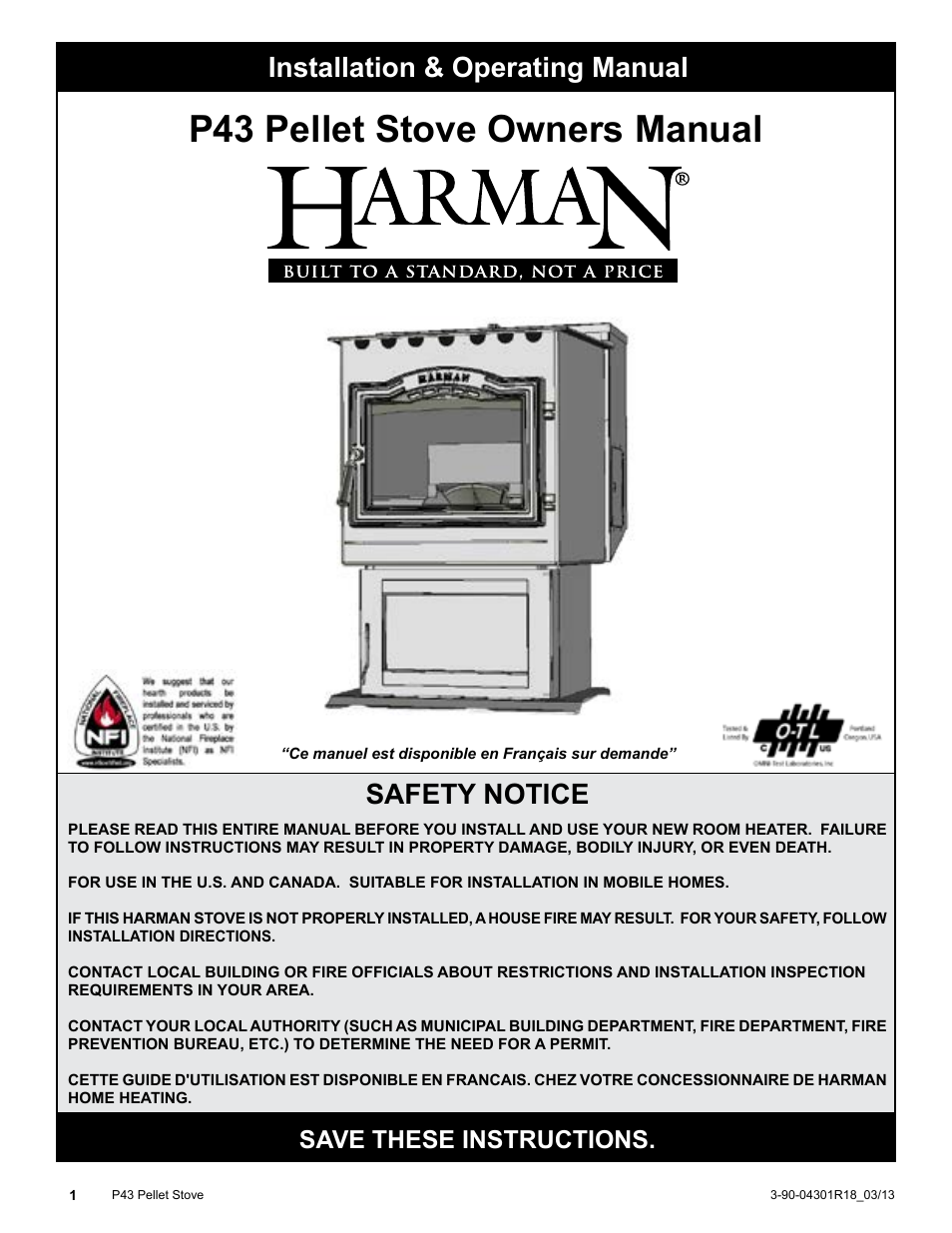 Harman Stove Company Harman Pellet P43 User Manual | 40 pages