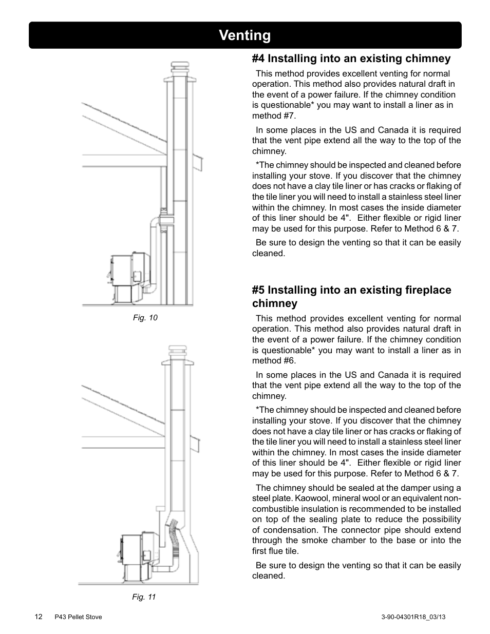 Venting, 4 installing into an existing chimney, 5 installing into an existing fireplace chimney | Harman Stove Company Harman Pellet P43 User Manual | Page 12 / 40