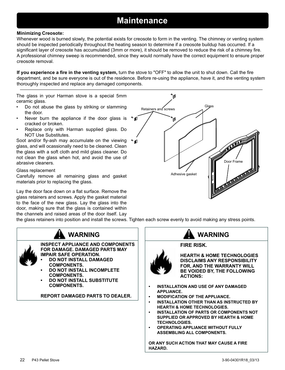 Maintenance, Warning | Harman Stove Company Harman Pellet P43 User Manual | Page 22 / 40