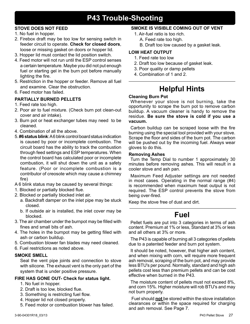 P43 trouble-shooting helpful hints, Fuel | Harman Stove Company Harman Pellet P43 User Manual | Page 27 / 40