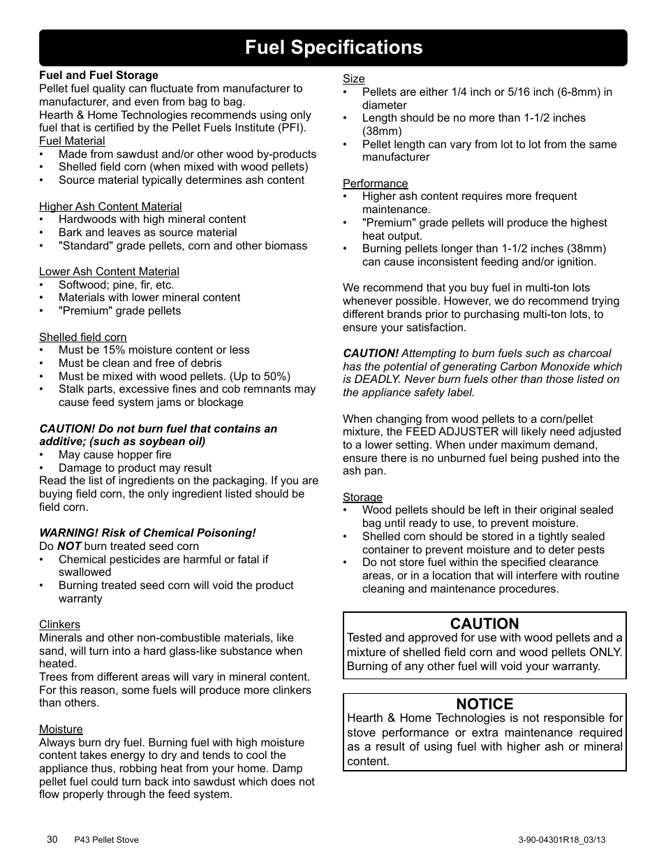 Fuel specifications, Caution, Notice | Harman Stove Company Harman Pellet P43 User Manual | Page 30 / 40