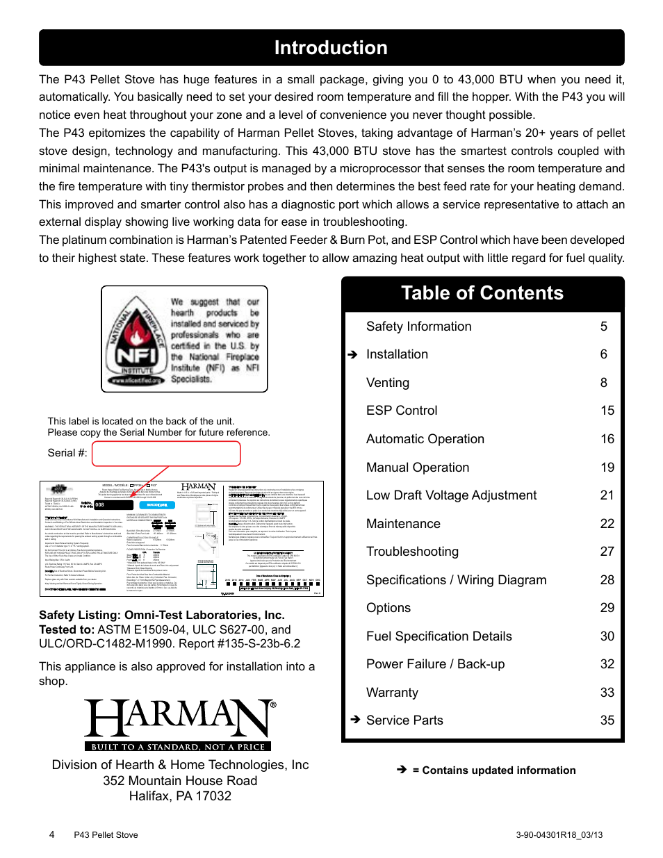 Table of contents introduction, Serial #: = contains updated information, Usa canada floor protector | 9"(228mm) | Harman Stove Company Harman Pellet P43 User Manual | Page 4 / 40