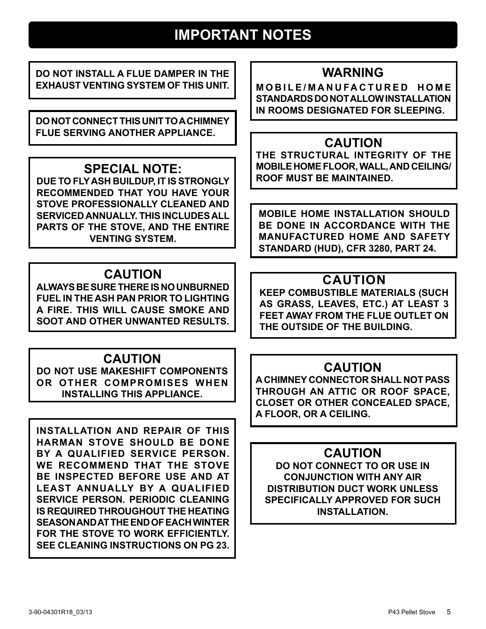 Caution, Warning caution | Harman Stove Company Harman Pellet P43 User Manual | Page 5 / 40