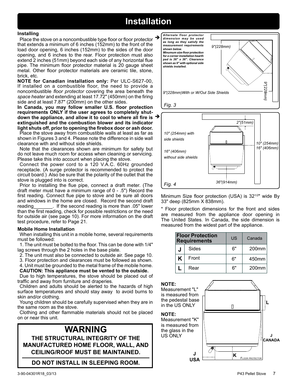 Installation, Warning, Do not install in sleeping room | Harman Stove Company Harman Pellet P43 User Manual | Page 7 / 40