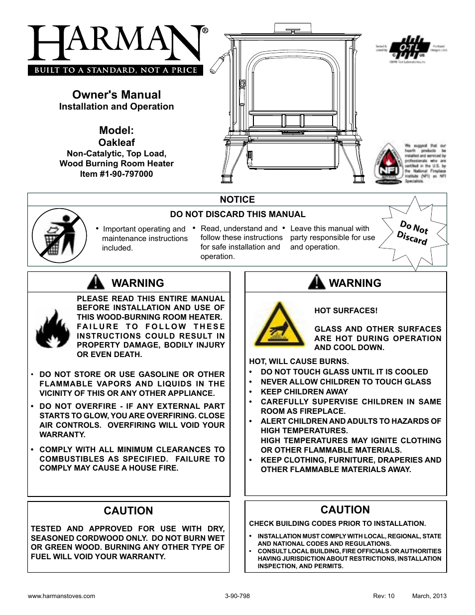 Harman Stove Company OAKLEAF 1-90-797000 User Manual | 40 pages