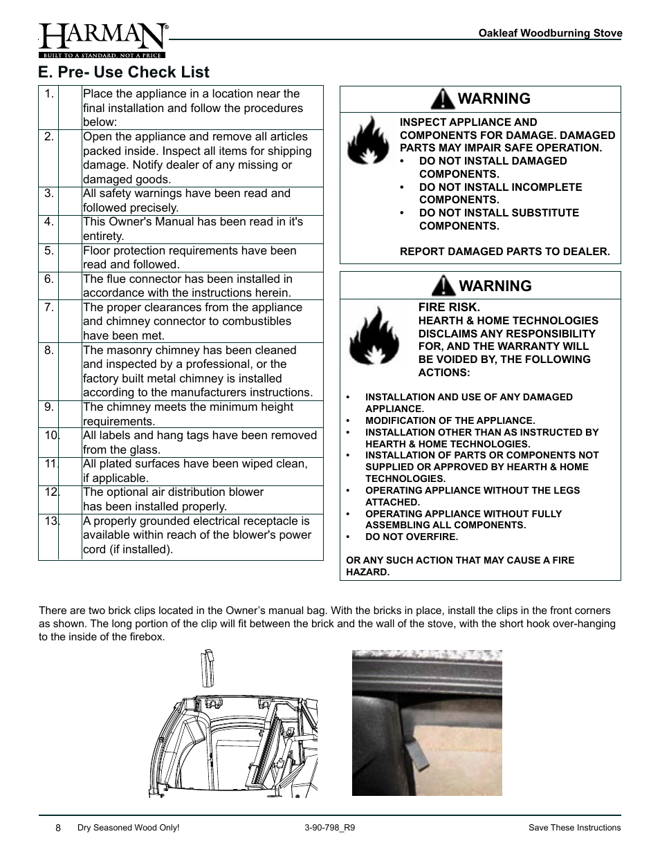 E. pre- use check list, Warning | Harman Stove Company OAKLEAF 1-90-797000 User Manual | Page 8 / 40