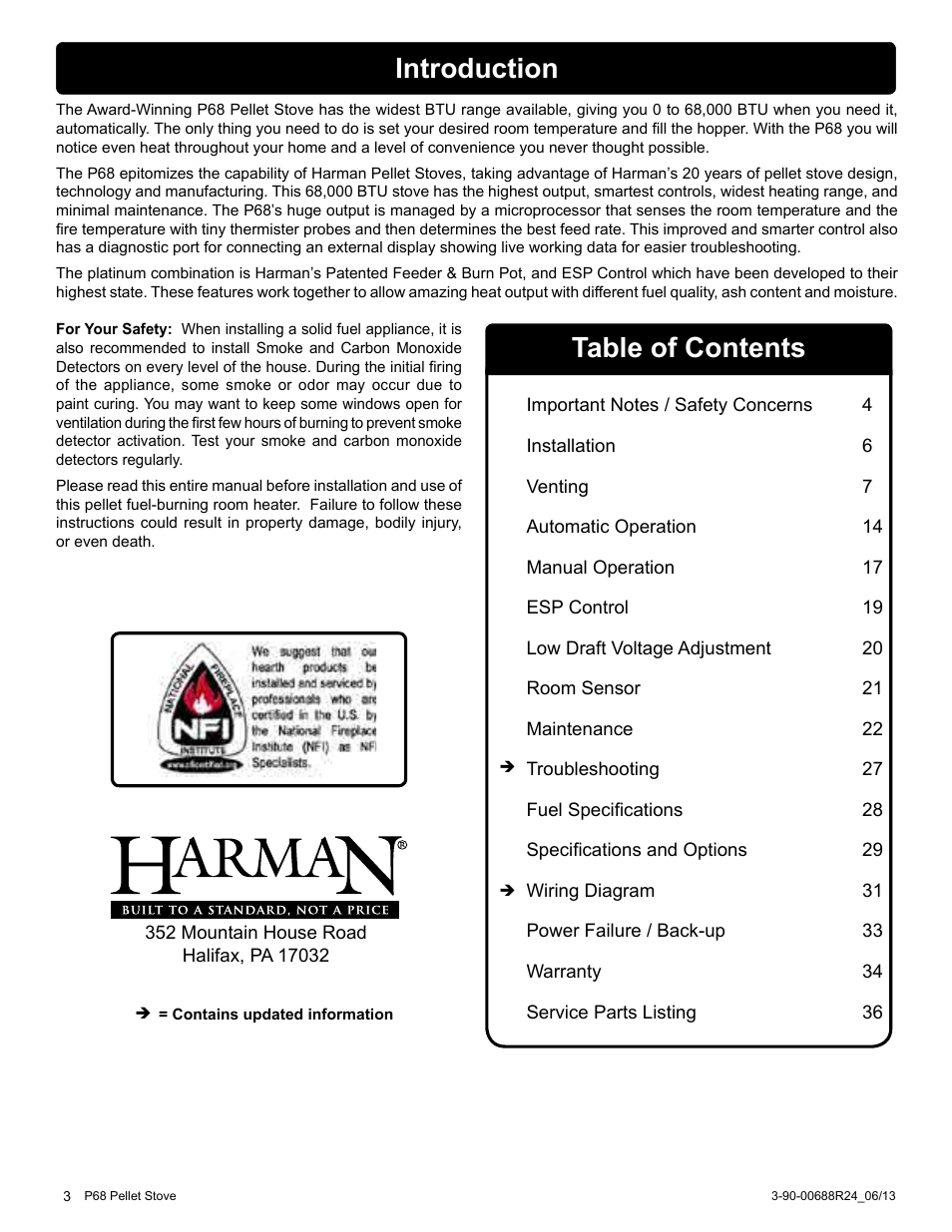 Table of contents introduction | Harman Stove Company HARMAN P68 User Manual | Page 3 / 42