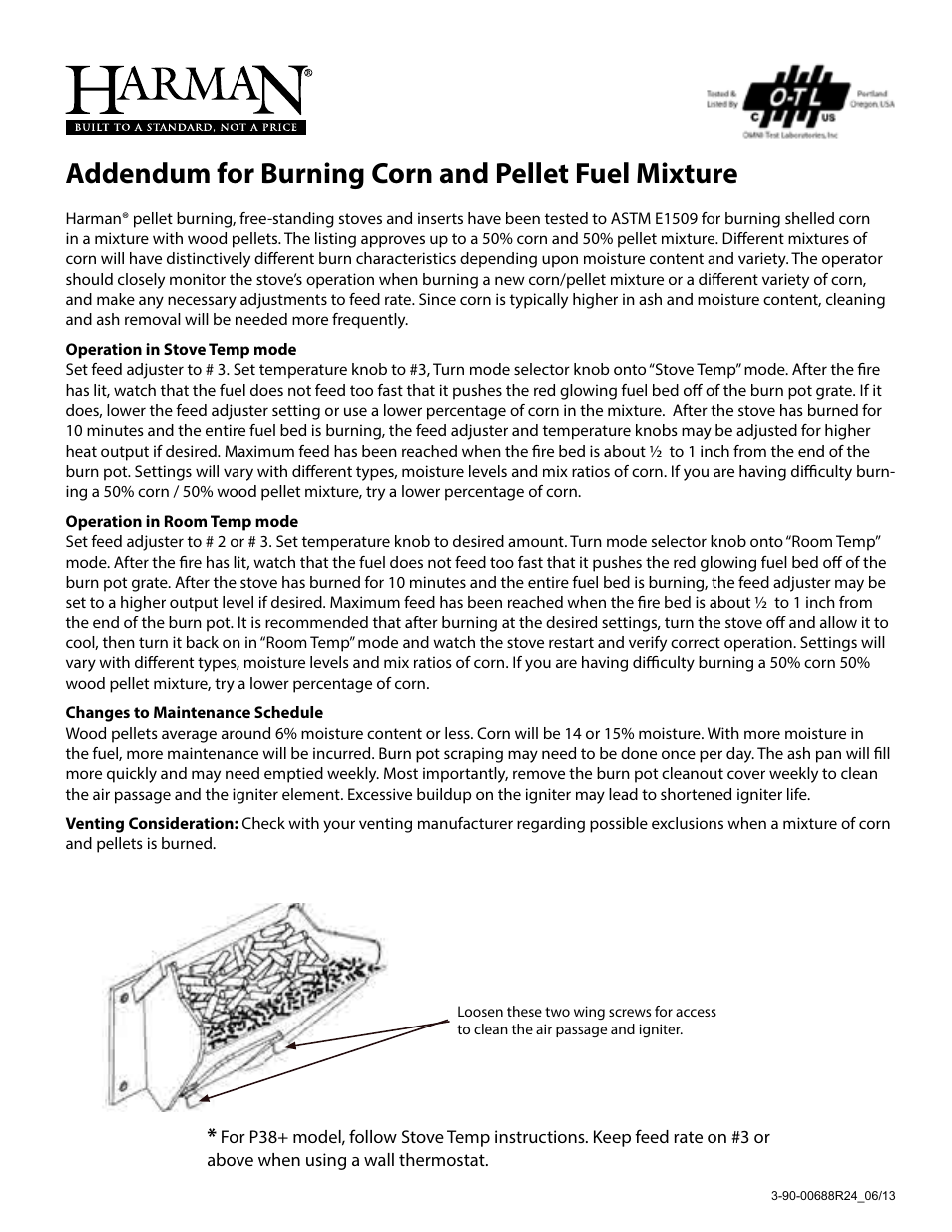 Addendum for burning corn and pellet fuel mixture | Harman Stove Company HARMAN P68 User Manual | Page 32 / 42
