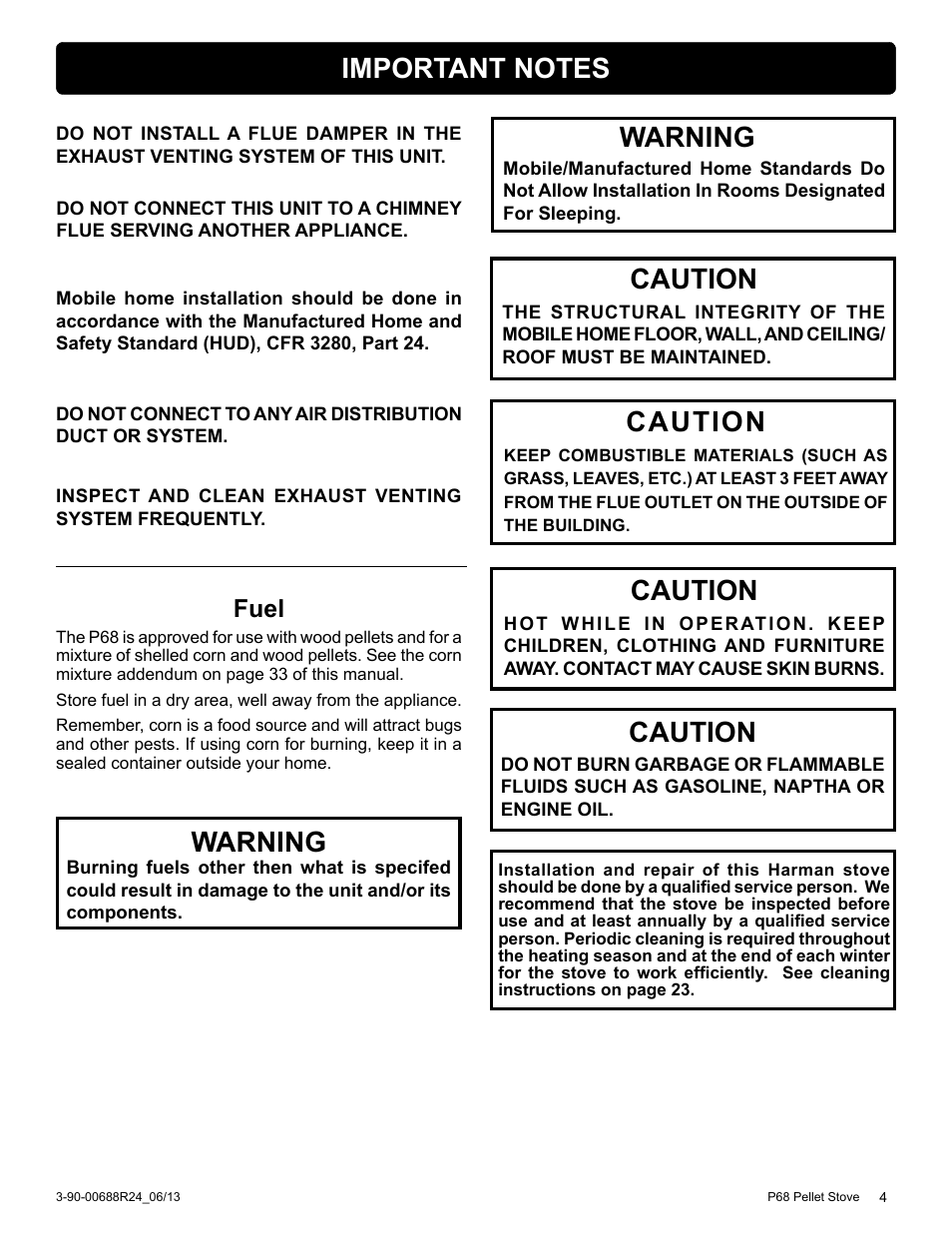 Caution, Warning, Fuel | Harman Stove Company HARMAN P68 User Manual | Page 4 / 42