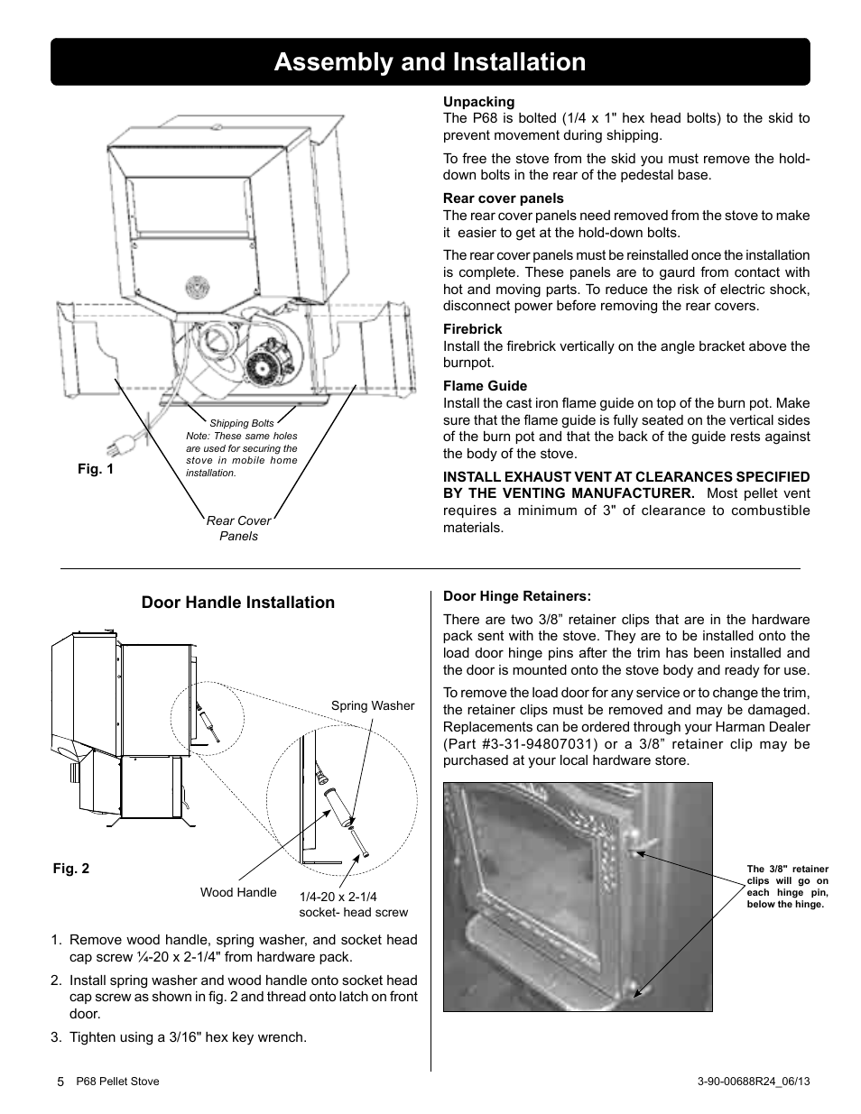 Assembly and installation, Door handle installation | Harman Stove Company HARMAN P68 User Manual | Page 5 / 42