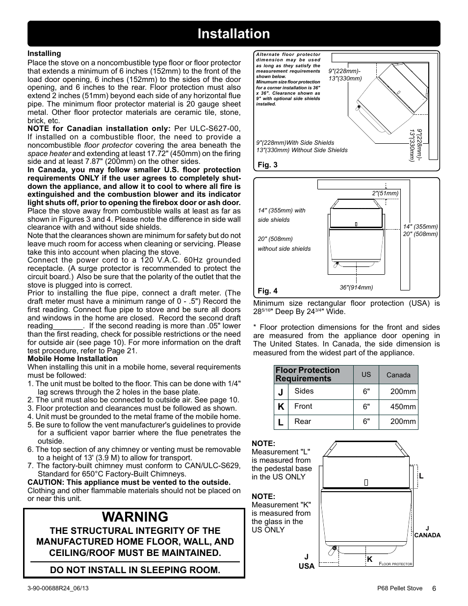 Installation, Warning, Do not install in sleeping room | Harman Stove Company HARMAN P68 User Manual | Page 6 / 42