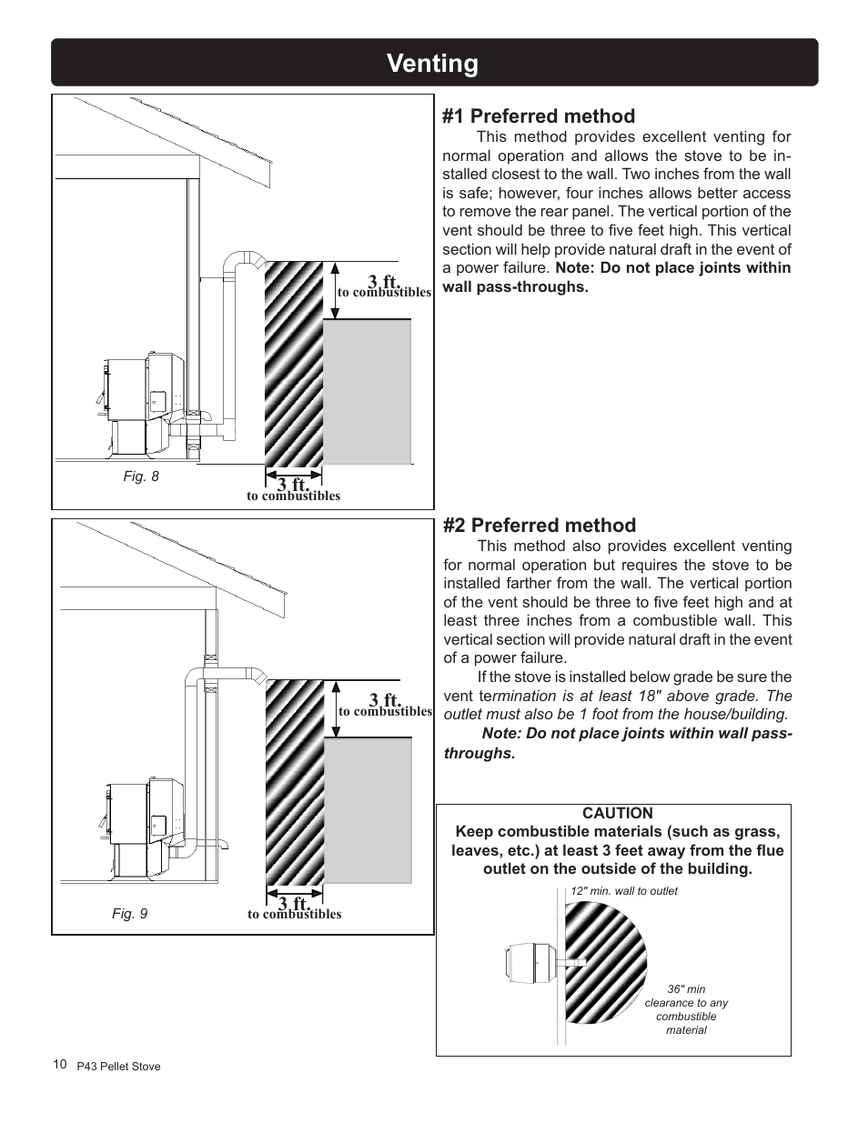 Venting, 2 preferred method, 1 preferred method | 3 ft | Harman Stove Company P43 User Manual | Page 10 / 32
