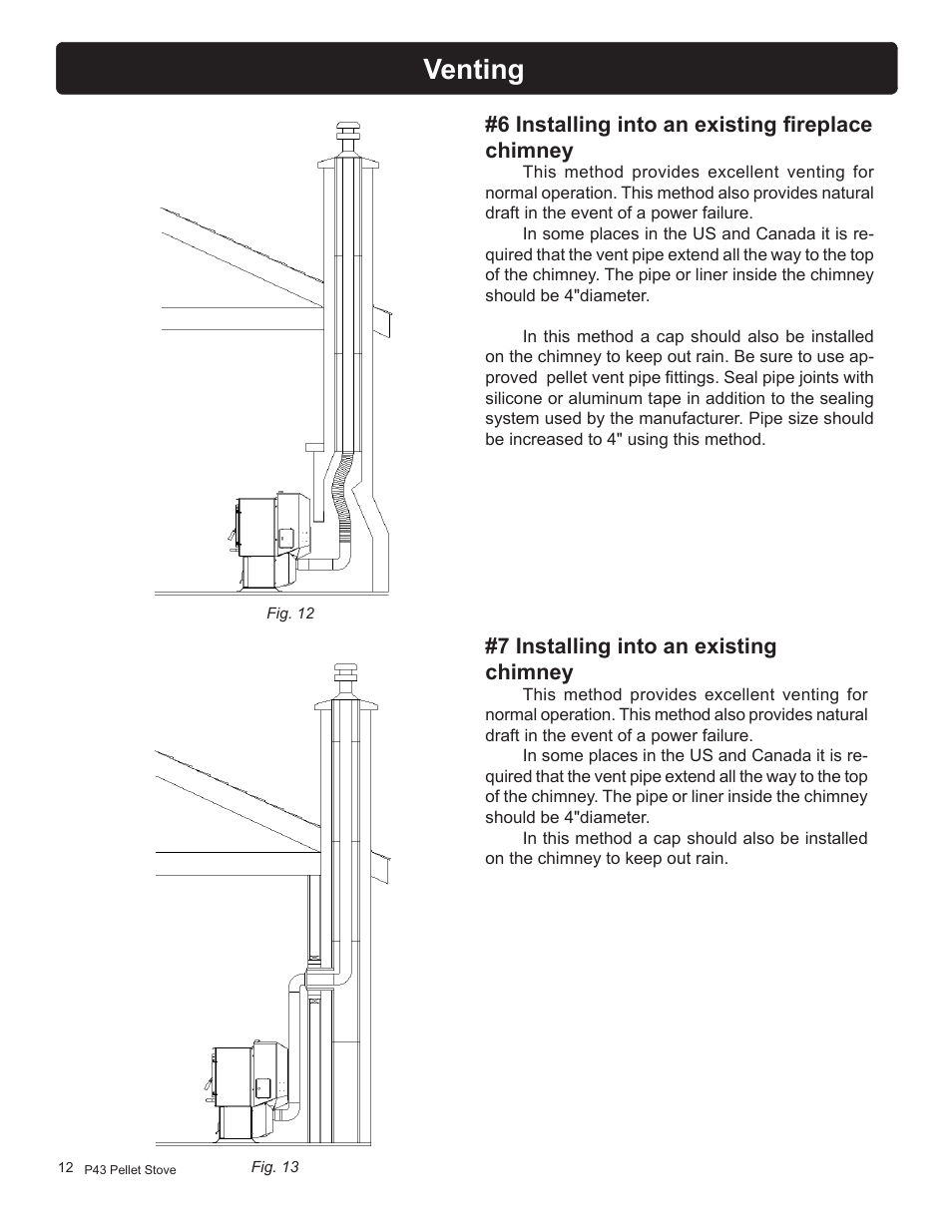 Venting, 6 installing into an existing fireplace chimney, 7 installing into an existing chimney | Harman Stove Company P43 User Manual | Page 12 / 32