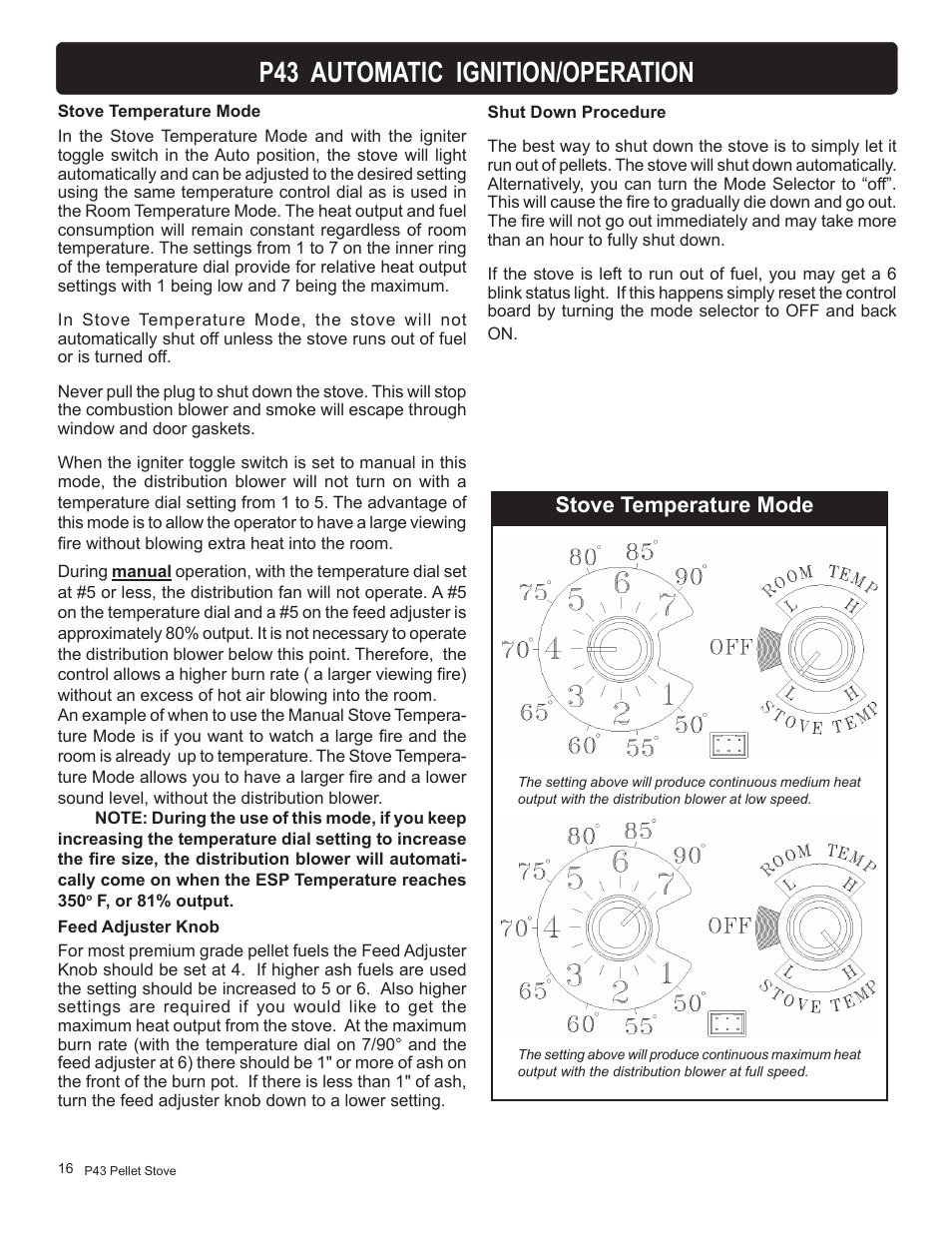 P43 automatic ignition/operation, Stove temperature mode | Harman Stove Company P43 User Manual | Page 16 / 32