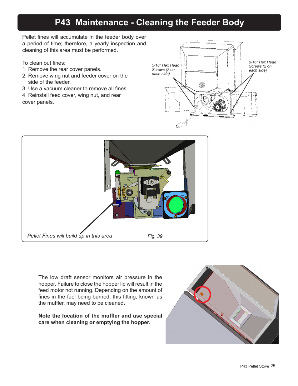 P43 maintenance - cleaning the feeder body | Harman Stove Company P43 User Manual | Page 25 / 32