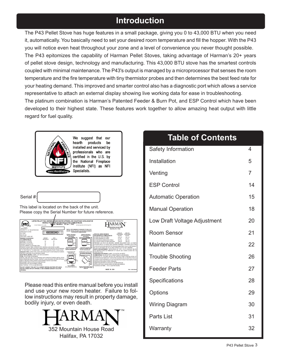 Table of contents introduction, Serial | Harman Stove Company P43 User Manual | Page 3 / 32
