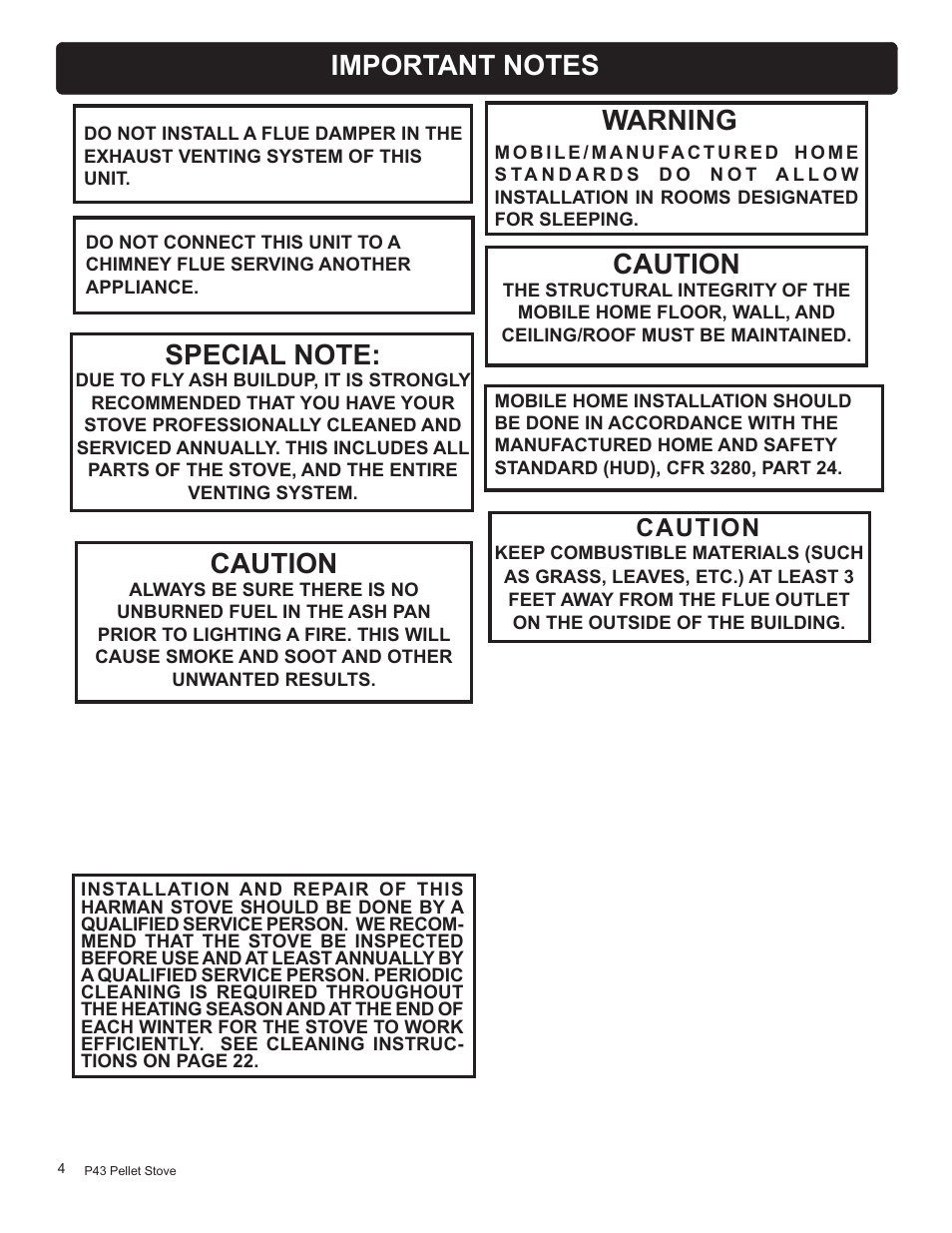 Caution, Warning caution | Harman Stove Company P43 User Manual | Page 4 / 32