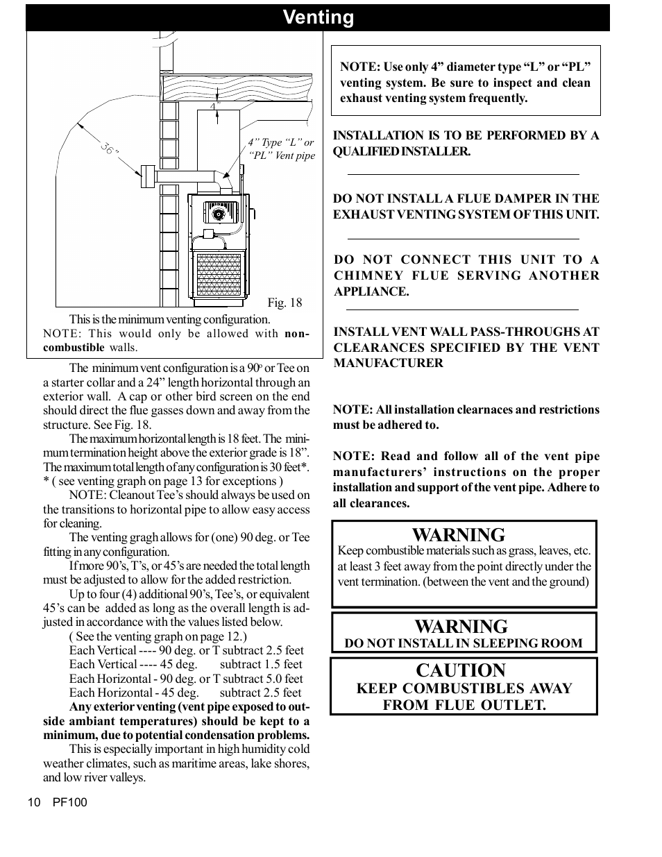 Venting, Warning, Caution | Harman Stove Company PF 100 User Manual | Page 10 / 41