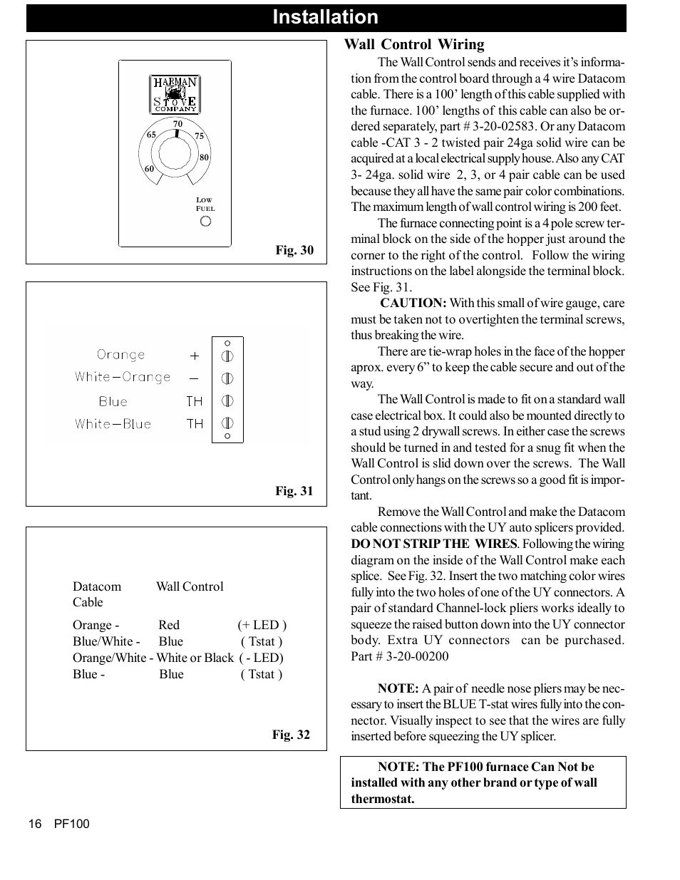 Installation, Wall control wiring | Harman Stove Company PF 100 User Manual | Page 16 / 41