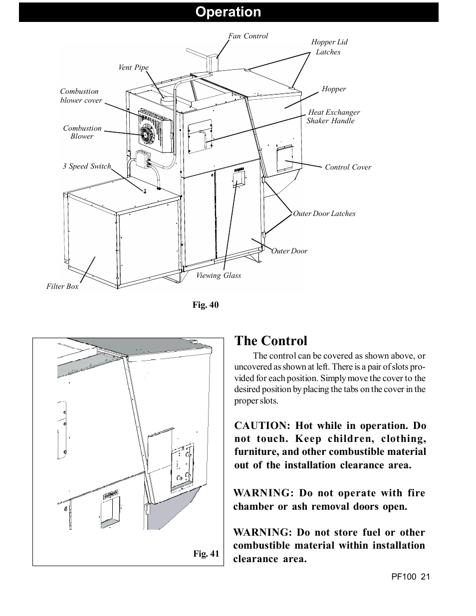 The control, Operation | Harman Stove Company PF 100 User Manual | Page 21 / 41