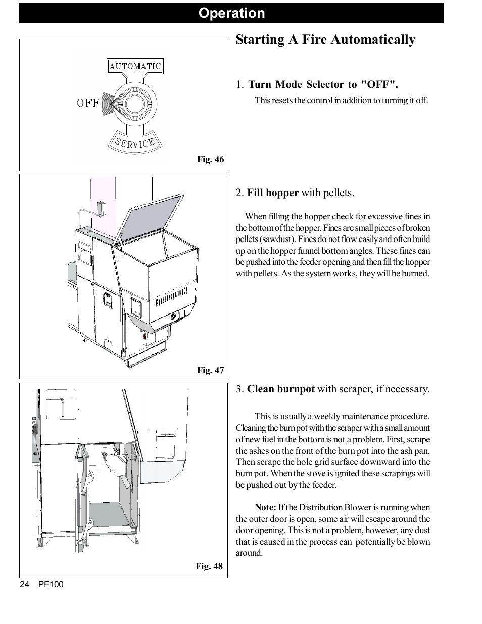 Starting a fire automatically, Operation | Harman Stove Company PF 100 User Manual | Page 24 / 41