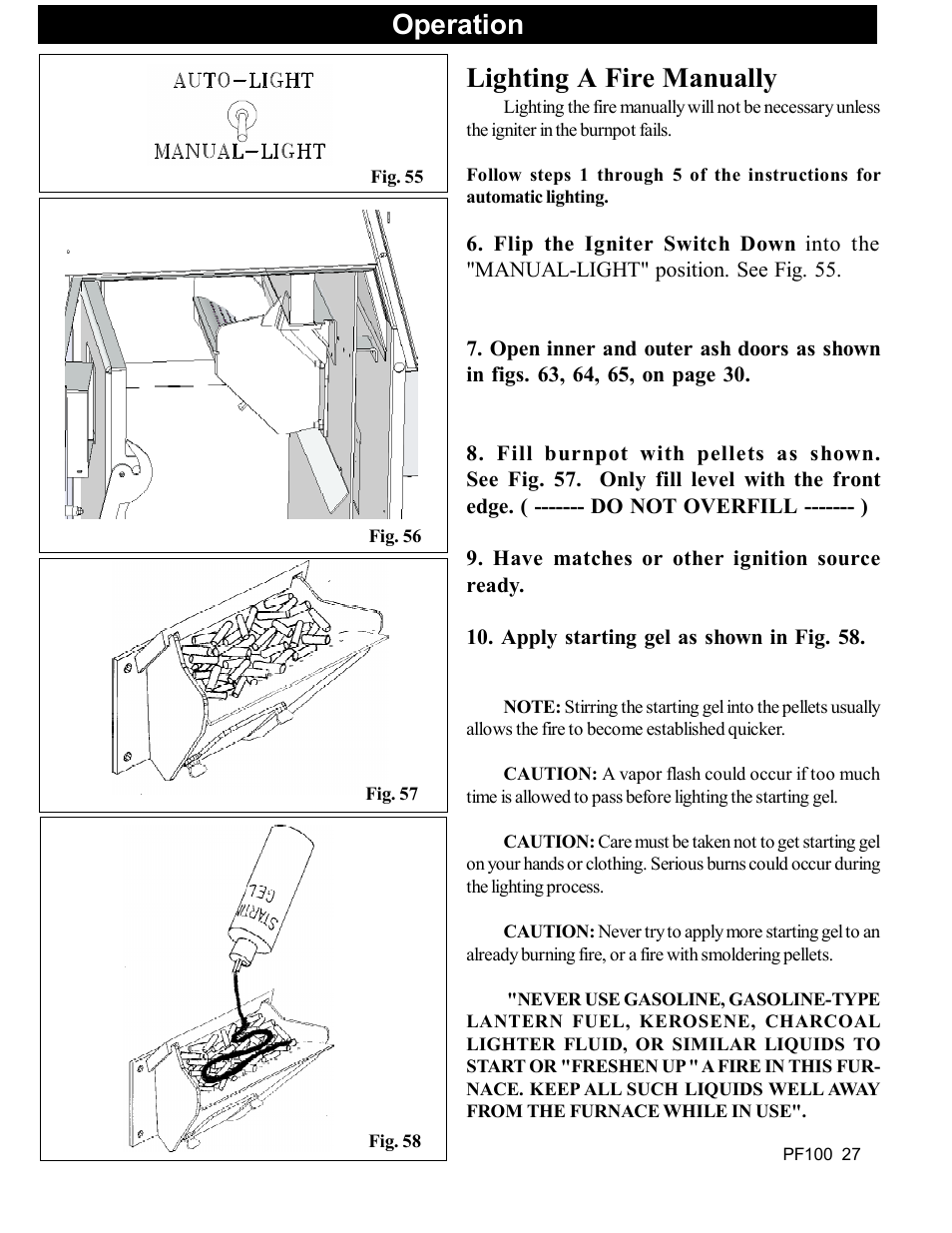 Lighting a fire manually, Operation | Harman Stove Company PF 100 User Manual | Page 27 / 41