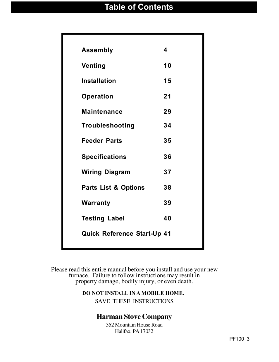 Harman Stove Company PF 100 User Manual | Page 3 / 41