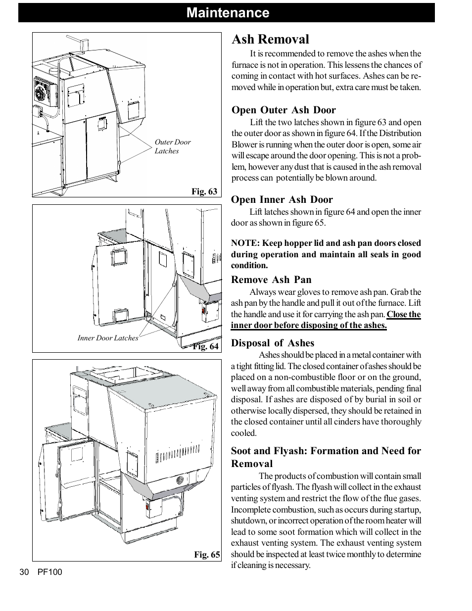 Ash removal, Maintenance | Harman Stove Company PF 100 User Manual | Page 30 / 41