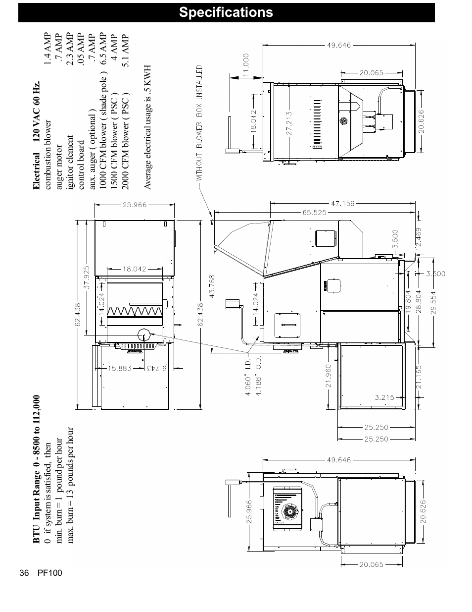 Specifications | Harman Stove Company PF 100 User Manual | Page 36 / 41