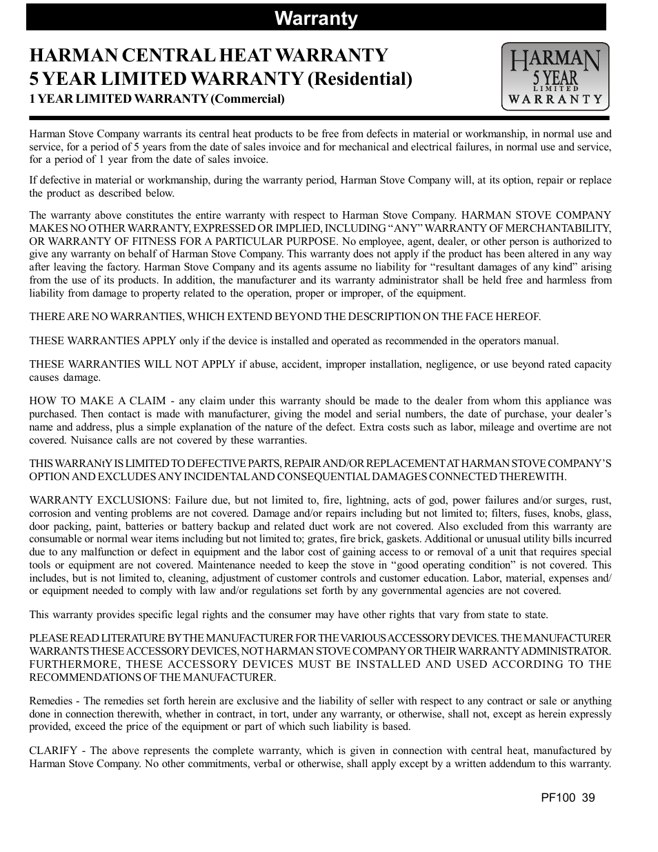 Warranty | Harman Stove Company PF 100 User Manual | Page 39 / 41