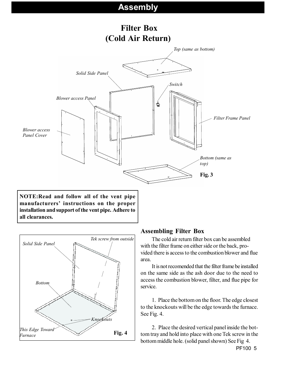 Filter box (cold air return), Assembly | Harman Stove Company PF 100 User Manual | Page 5 / 41
