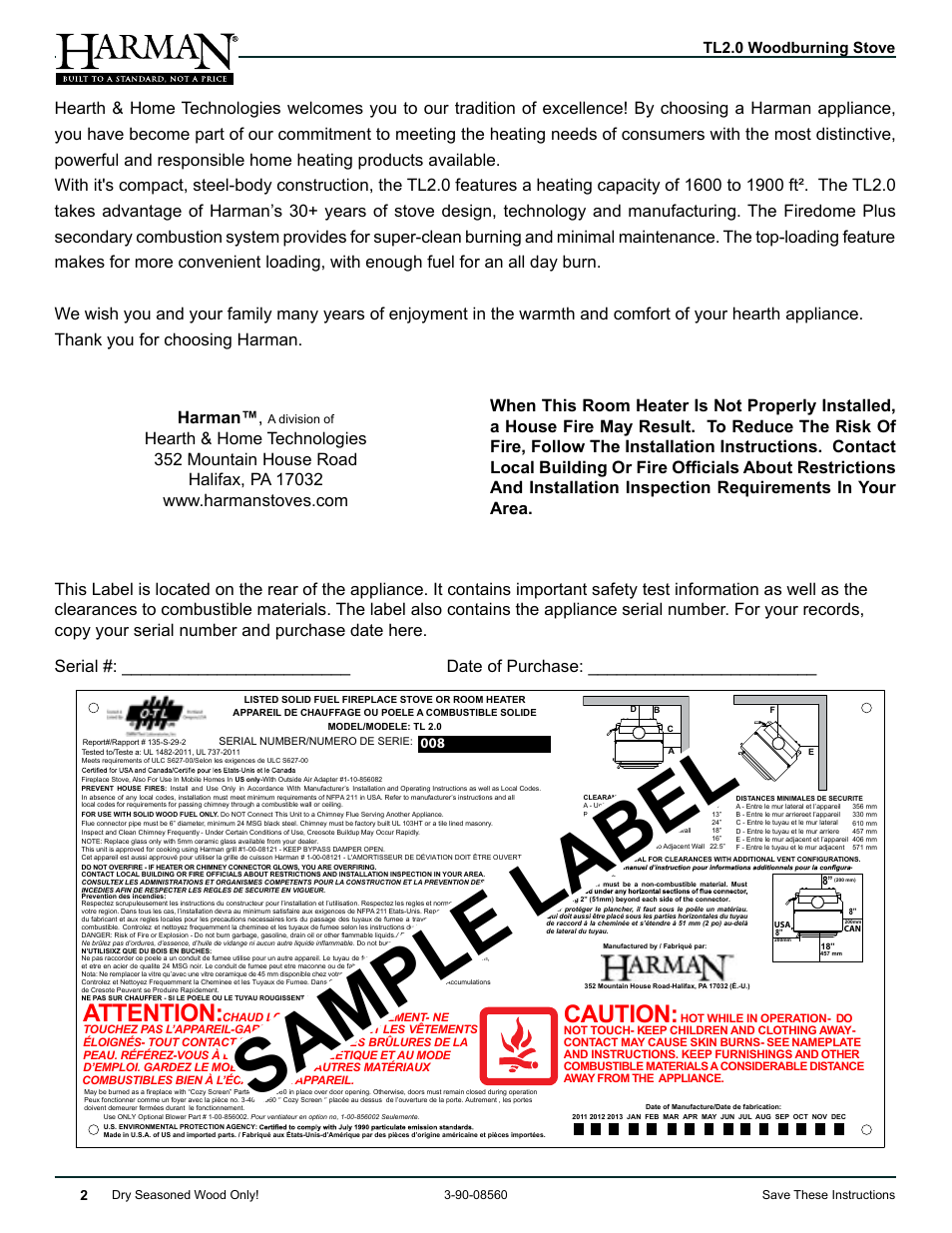 Sa mple l abel, Caution, Attention | Tl2.0 woodburning stove | Harman Stove Company TL2.0 User Manual | Page 2 / 40