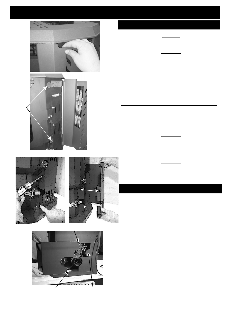 Removing side doors for installation, Removing side doors, Placing rear shields back on unit | Harman Stove Company Advance Pellet Stove User Manual | Page 9 / 31