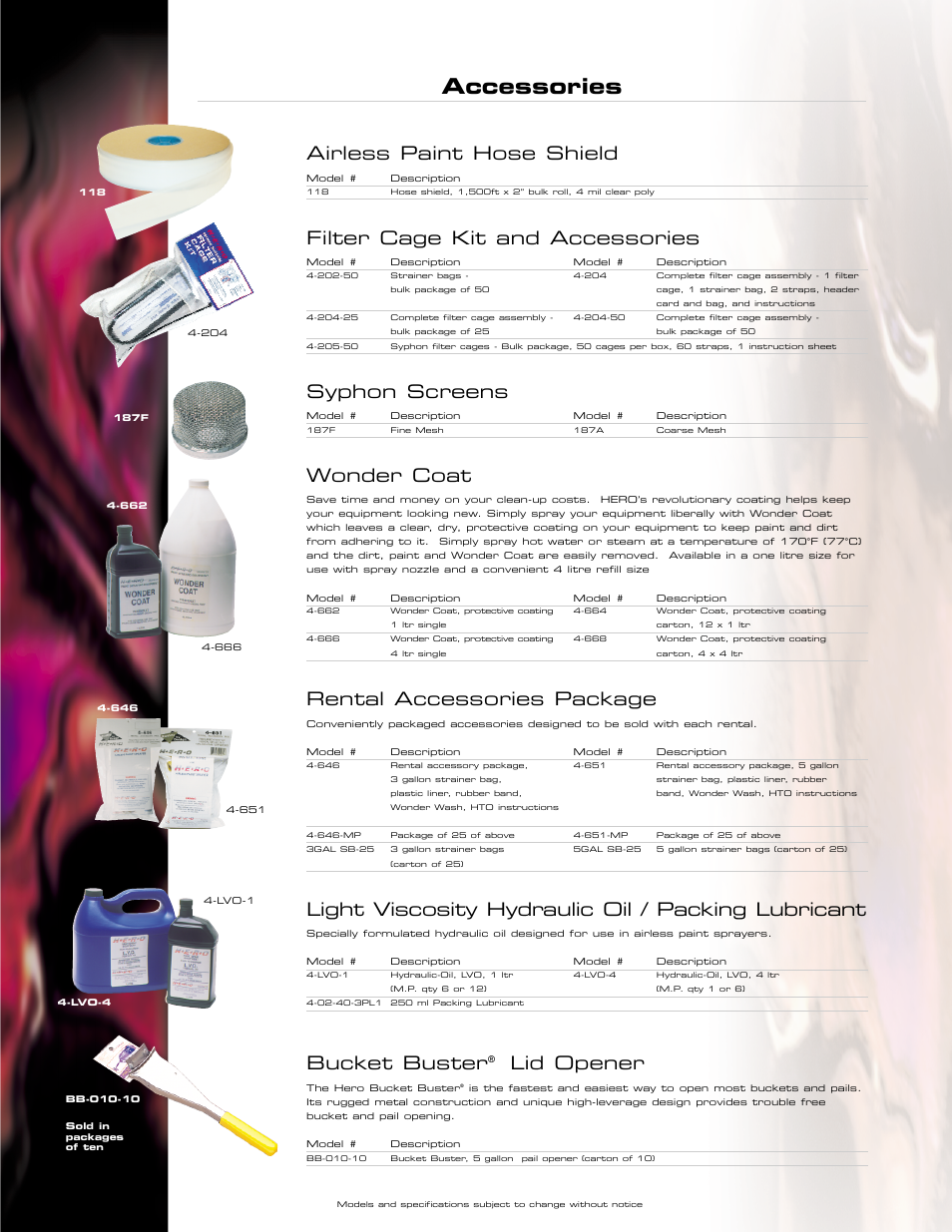 Accessories, Airless paint hose shield, Filter cage kit and accessories | Syphon screens, Wonder coat, Rental accessories package, Light viscosity hydraulic oil / packing lubricant, Bucket buster, Lid opener | I.C.T.C. Holdings Corporation 10-55-013-2 300 series User Manual | Page 10 / 12