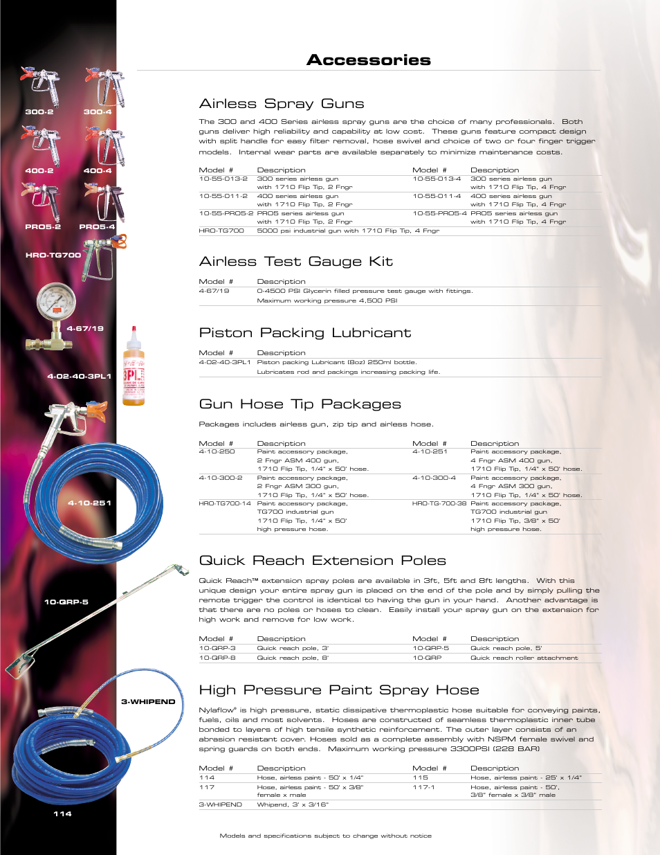 Accessories, Airless spray guns, Airless test gauge kit | Piston packing lubricant, Gun hose tip packages, Quick reach extension poles, High pressure paint spray hose | I.C.T.C. Holdings Corporation 10-55-013-2 300 series User Manual | Page 8 / 12