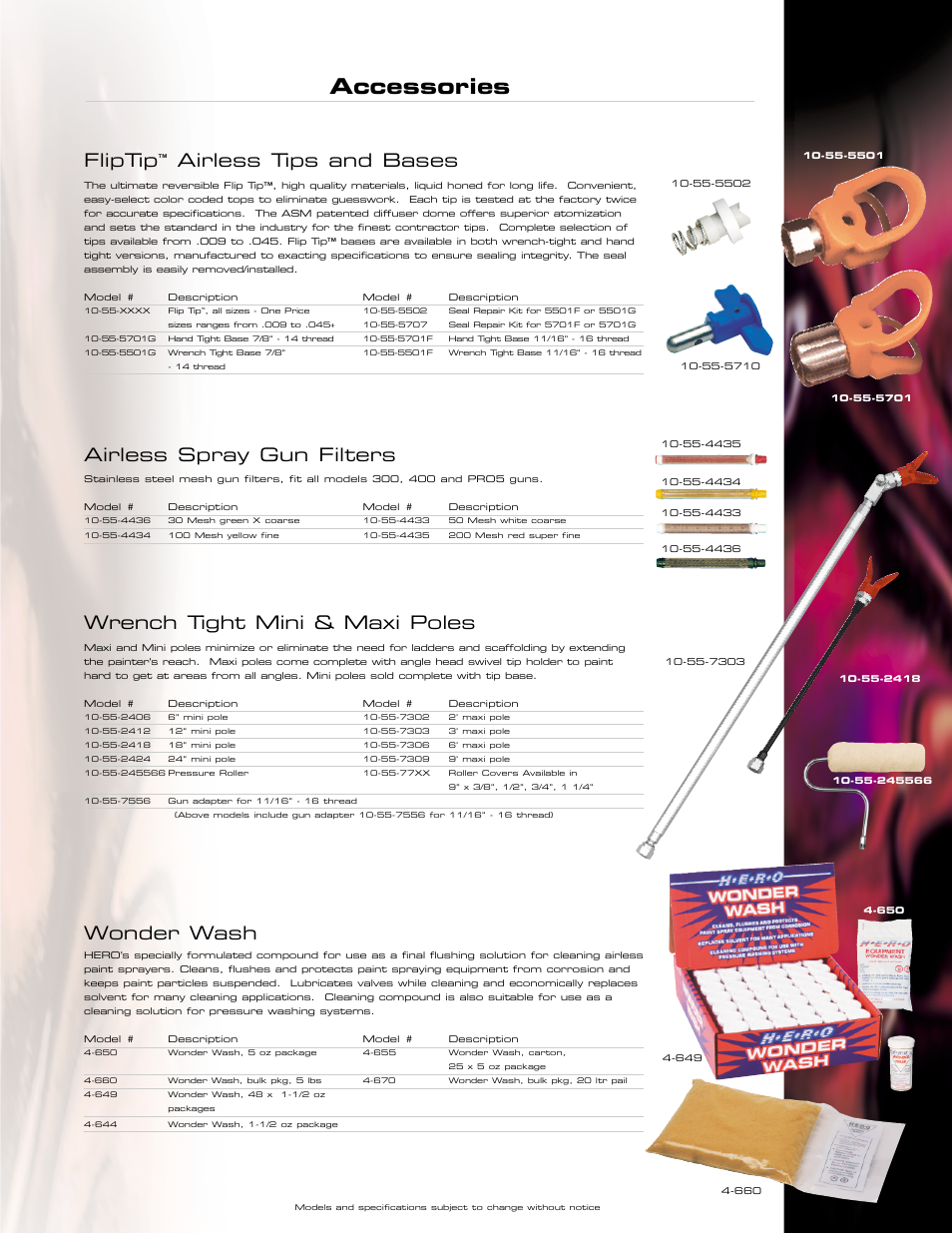 Accessories, Fliptip, Airless tips and bases | Airless spray gun filters, Wrench tight mini & maxi poles, Wonder wash | I.C.T.C. Holdings Corporation 10-55-013-2 300 series User Manual | Page 9 / 12