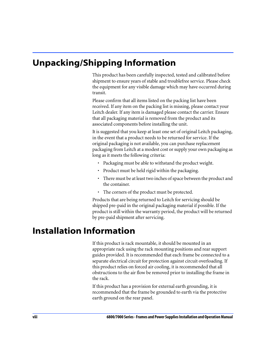 Unpacking/shipping information, Installation information | Harris Performance 7000 User Manual | Page 10 / 76