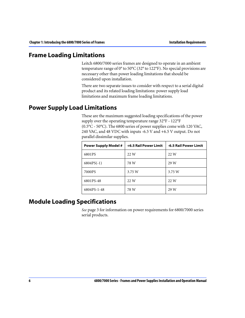 Frame loading limitations, Power supply load limitations, Module loading specifications | Harris Performance 7000 User Manual | Page 32 / 76