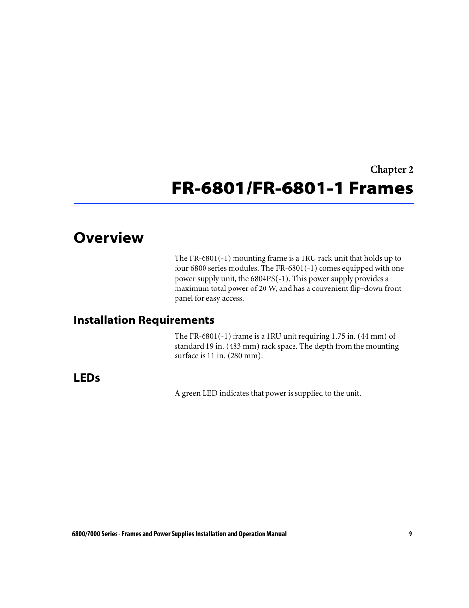 Fr-6801/fr-6801-1 frames, Overview, Installation requirements | Leds, Chapter 2: fr-6801/fr-6801-1 frames, Installation requirements leds | Harris Performance 7000 User Manual | Page 35 / 76