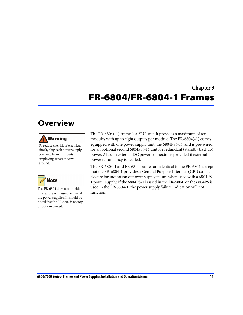 Fr-6804/fr-6804-1 frames, Overview, Chapter 3: fr-6804/fr-6804-1 frames | Harris Performance 7000 User Manual | Page 37 / 76