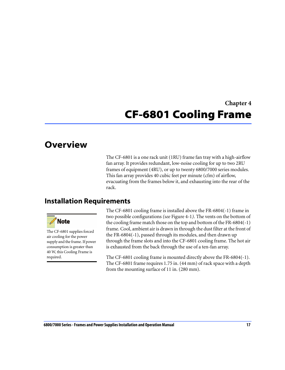 Cf-6801 cooling frame, Overview, Installation requirements | Chapter 4: cf-6801 cooling frame | Harris Performance 7000 User Manual | Page 43 / 76