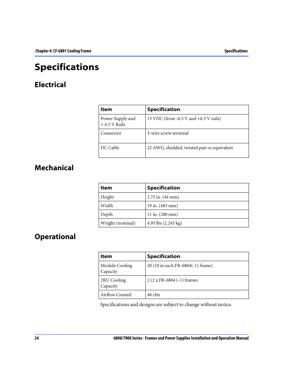 Specifications, Electrical, Mechanical | Operational, Specifications cf-6801, Mechanical operational, Electrical mechanical operational | Harris Performance 7000 User Manual | Page 50 / 76