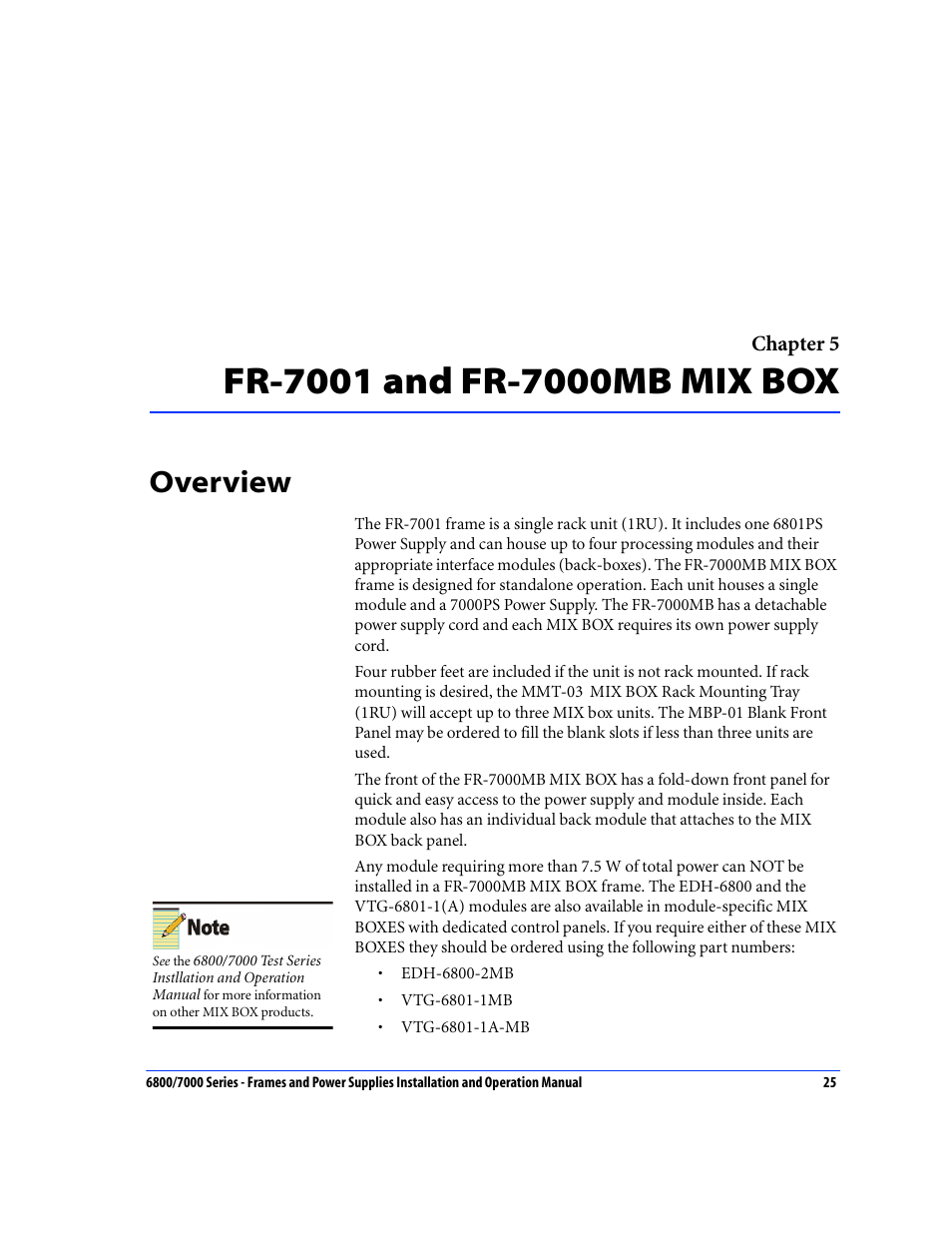 Fr-7001 and fr-7000mb mix box, Overview, Chapter 5: fr-7001 and fr-7000mb mix box | Harris Performance 7000 User Manual | Page 51 / 76