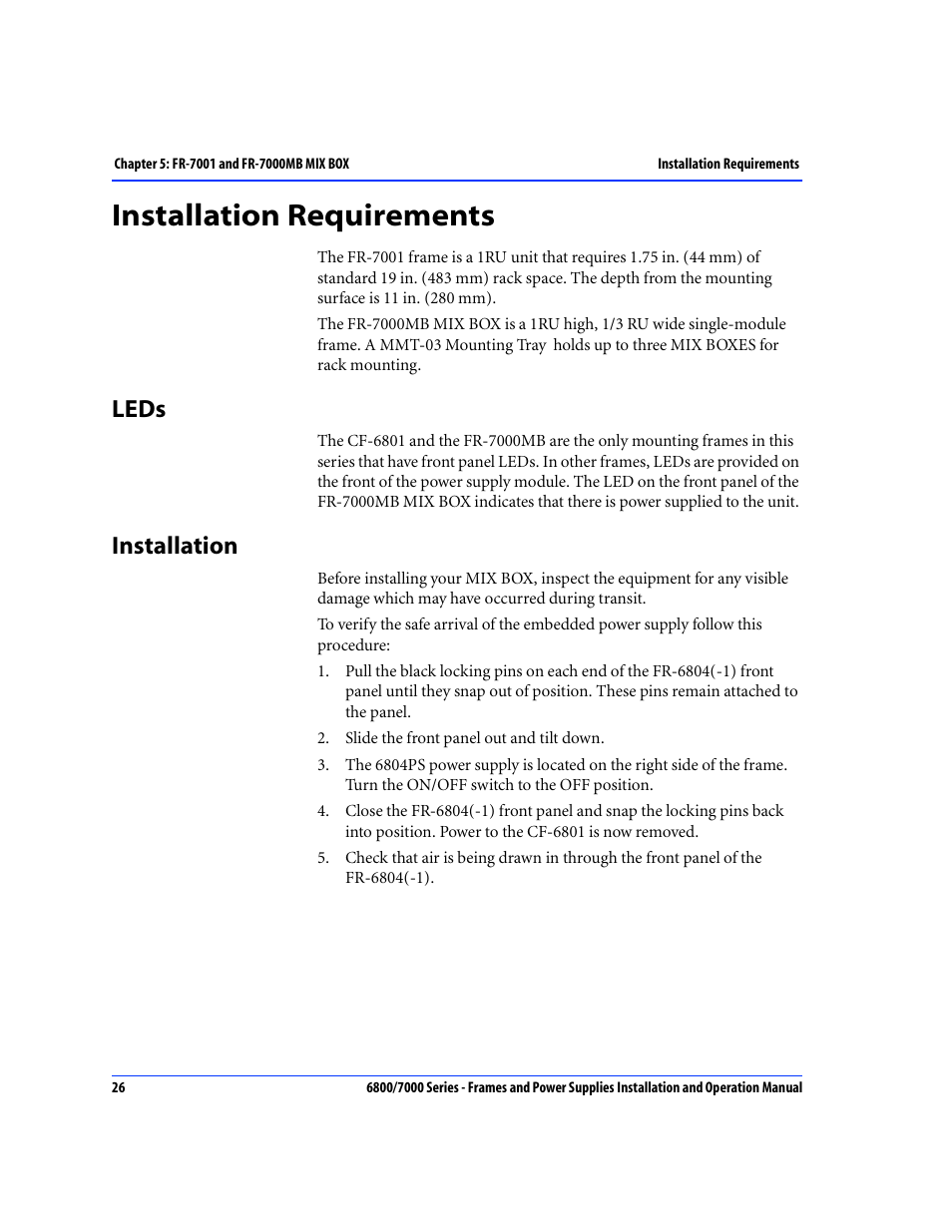 Installation requirements, Leds, Installation | Leds installation | Harris Performance 7000 User Manual | Page 52 / 76