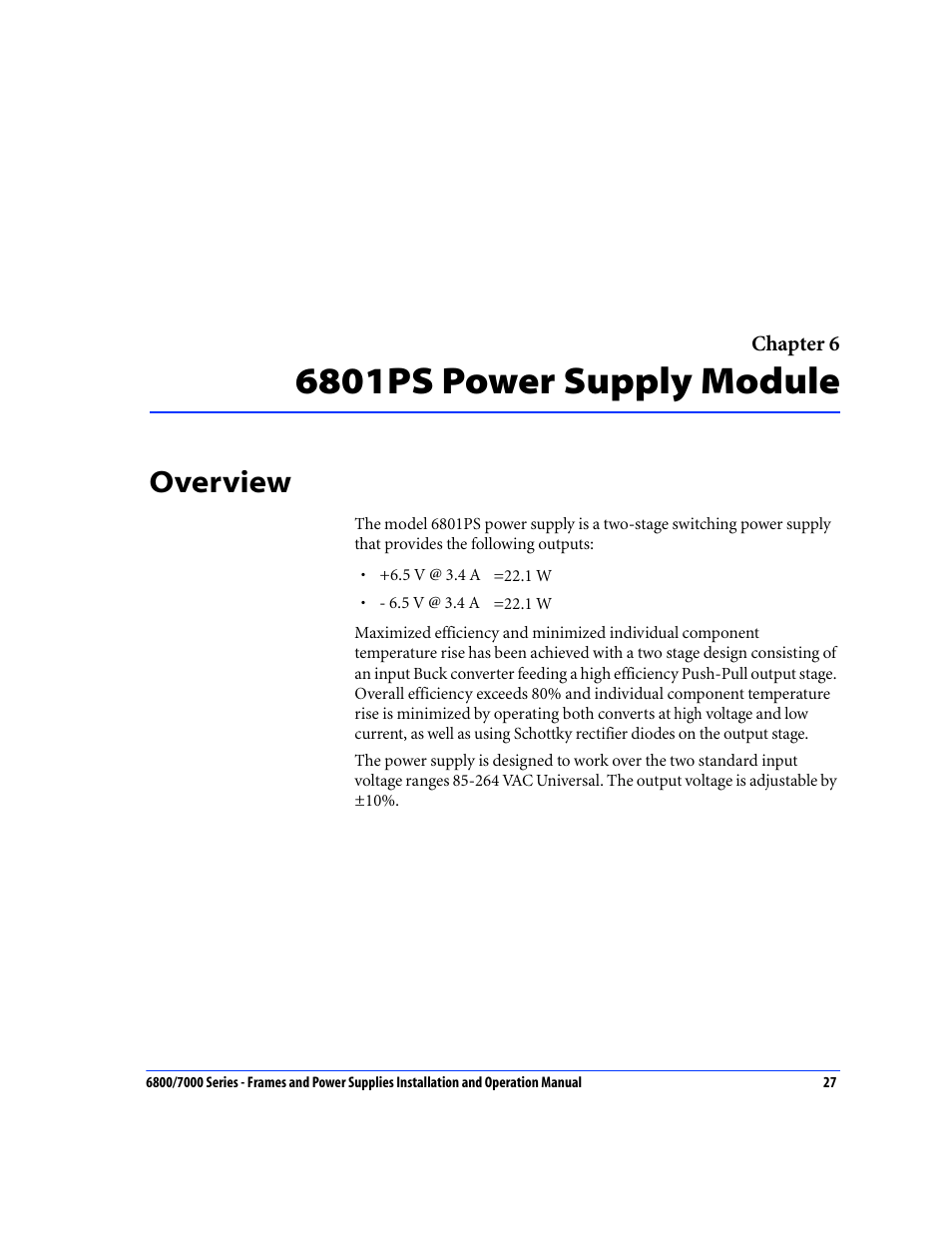 6801ps power supply module, Overview, Chapter 6: 6801ps power supply module | Harris Performance 7000 User Manual | Page 53 / 76